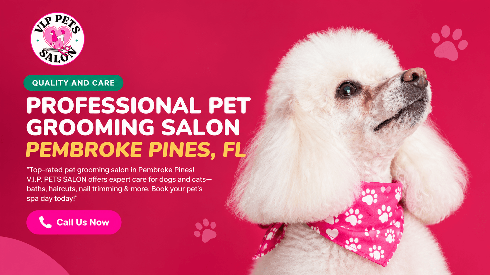Professional pet grooming salon in Pembroke Pines, FL, featuring a fluffy white dog and V.I.P. Pets Salon branding with dog grooming and pet care services.