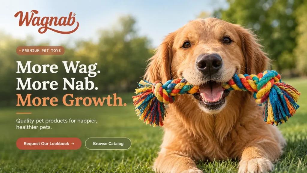 Wagnab premium pet toys featuring a happy Golden Retriever playing with a colorful braided rope dog toy outdoors.