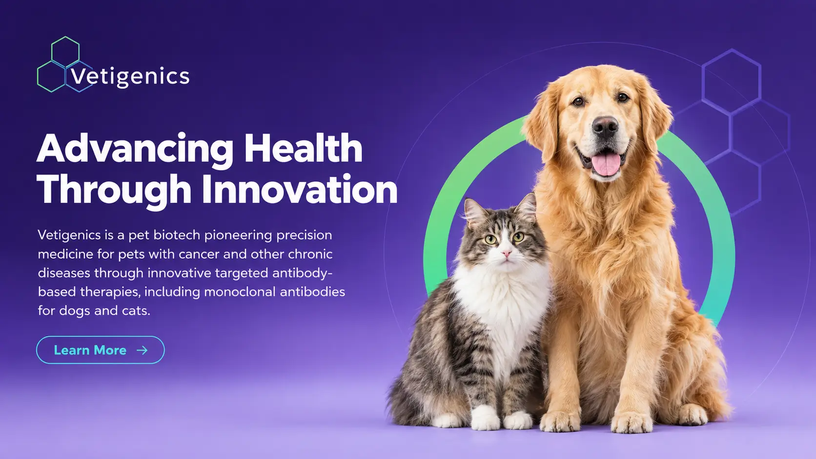 Vetigenics pet biotechnology and precision medicine website featuring a golden retriever and cat